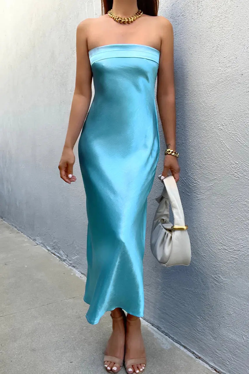 ANDREA STRAPLESS BLUE SILK SLIP MIDI DRESS - Saint Australia Fashion 