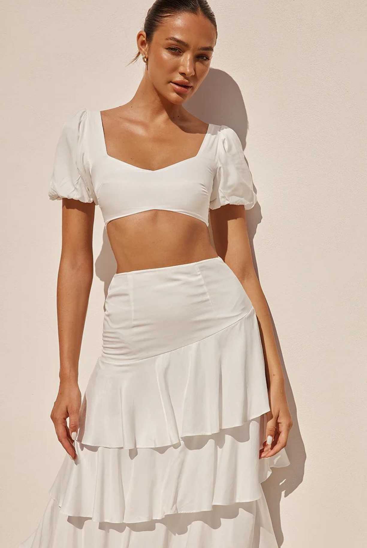 PRIMAVERA SHORT SLEEVE CROP TOP - WHITE - Saint Australia Fashion 