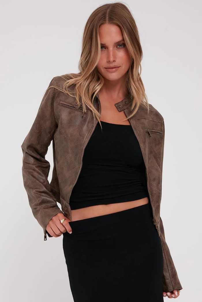 Brown faux leather biker jacket by Lioness - Saint Australia Boutique