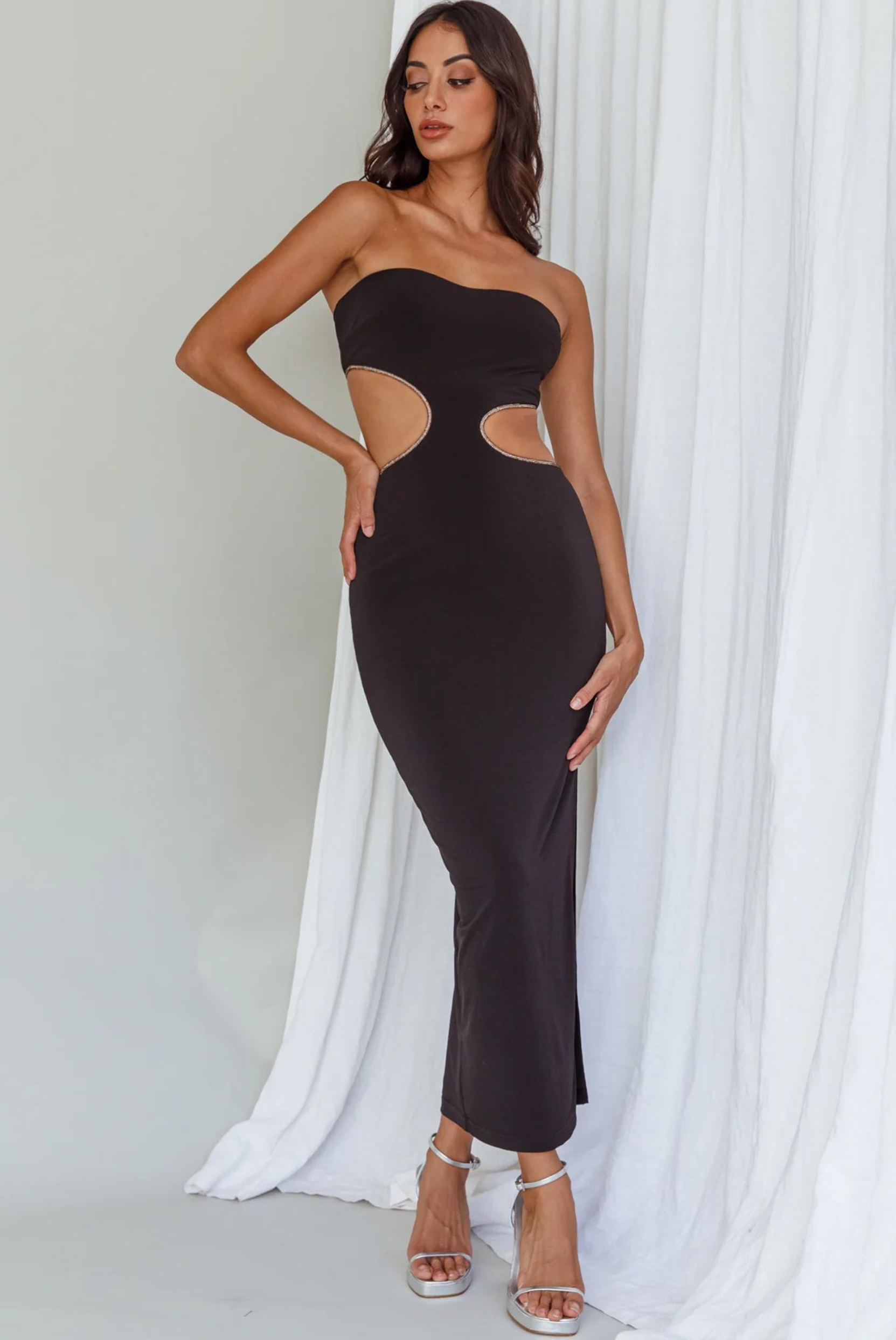 ELLIE CUT-OUT DIAMANTÉ MIDI DRESS | BLACK - Saint Australia Boutique