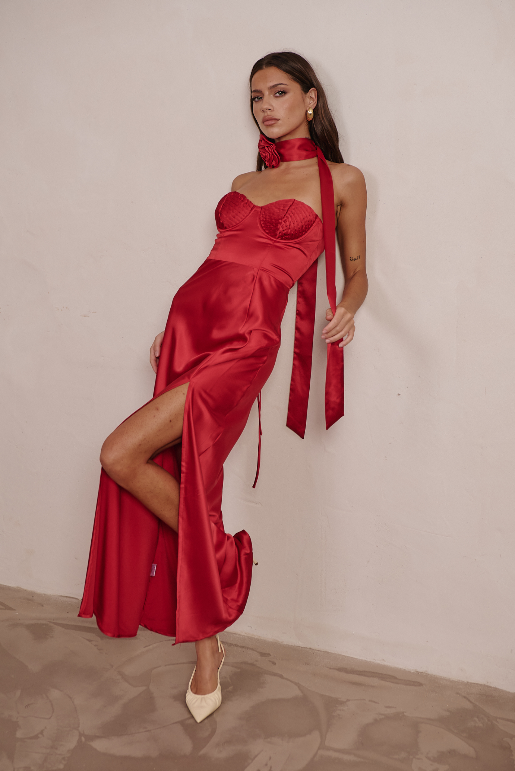 LADYTRON SILK CORSET MAXI DRESS | RED