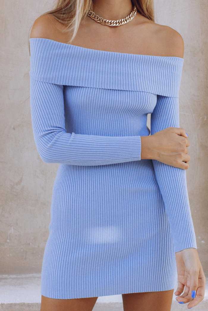 Off the shoulder knit mini dress in blue - Saint Australia Fashion 