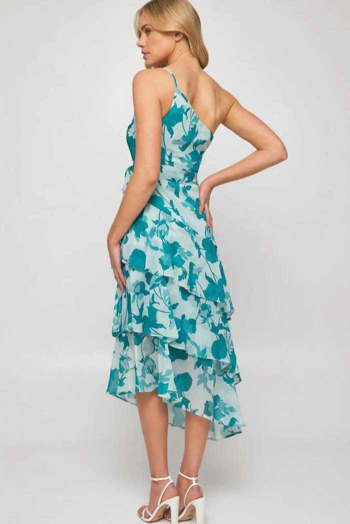 CARLA ONE SHOULDER FLORAL ASSYMETRIC MIDI DRESS - GREEN - Saint Australia Fashion 