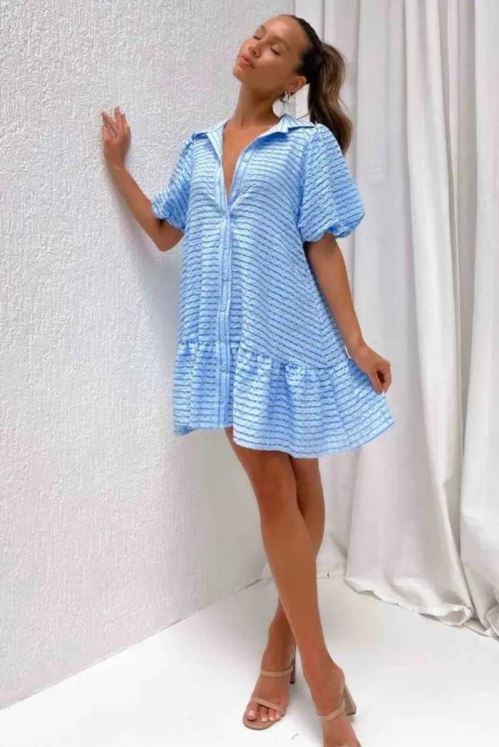GRACE BALLON SLEEVE BLUE CHECKED SHIRT DRESS - Saint Australia Fashion 
