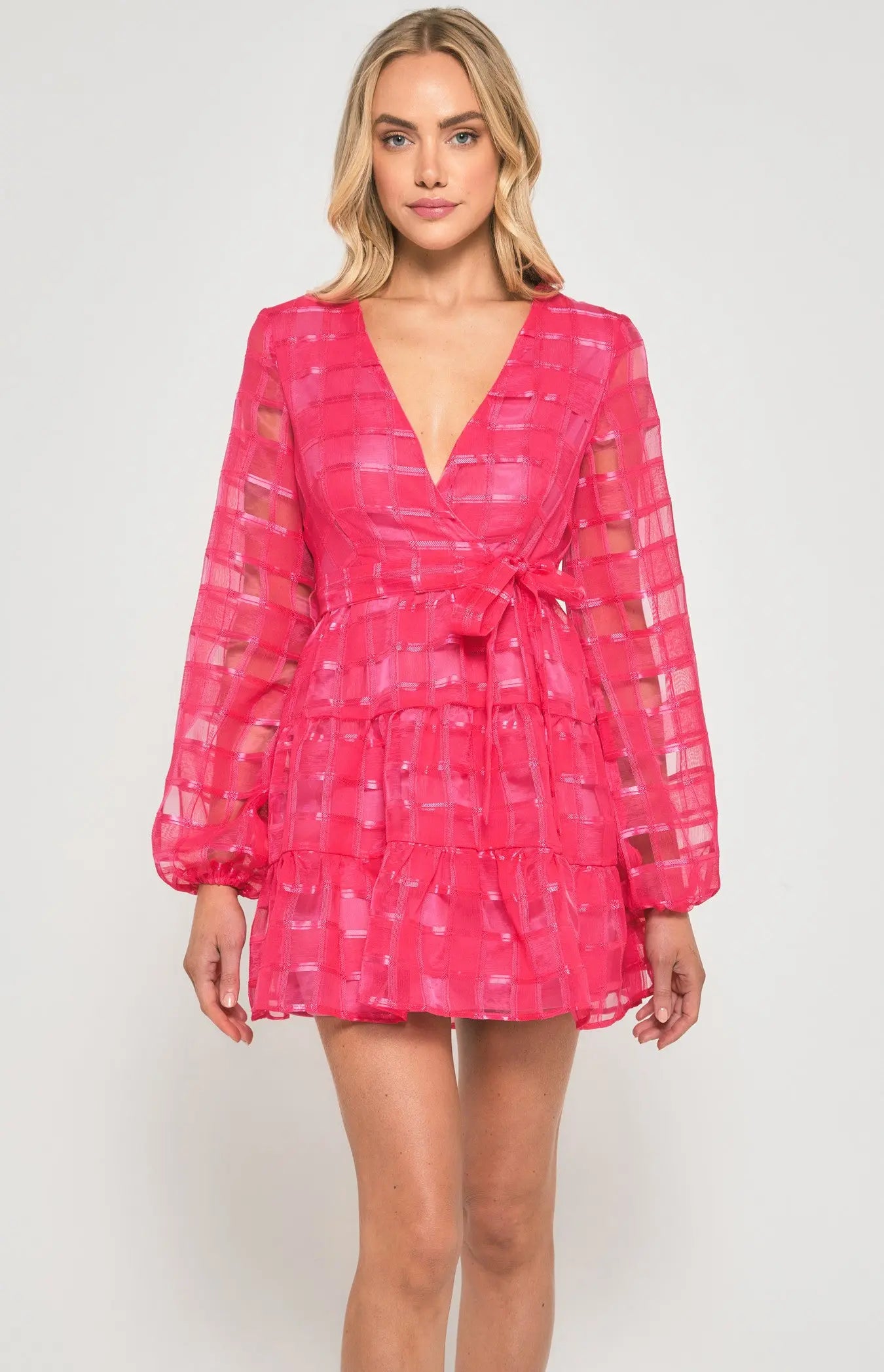 IVANOVA MINI DRESS | Pink checked long sleeve party dress - Saint Australia Fashion 