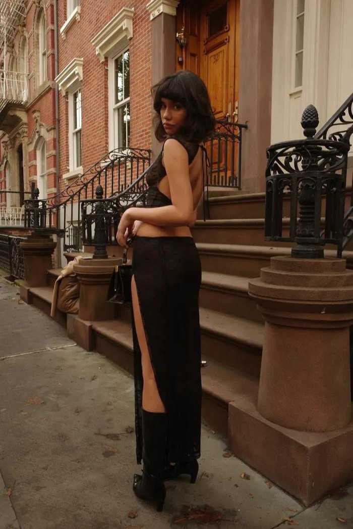 LOLITA LACE BLACK MAXI DRESS WITH SIDE SPLIT - Saint Australia Fashion 