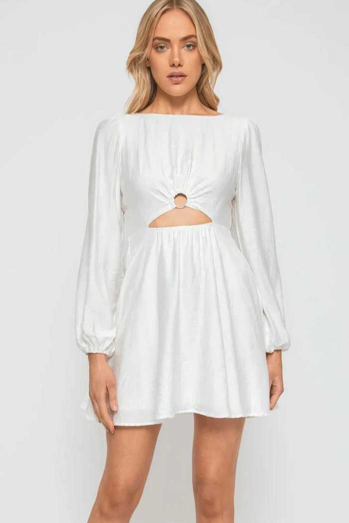 MUSE WHITE LONG SLEEVE MINI DRESS WITH CHAIN DETAIL - Saint Australia Fashion 