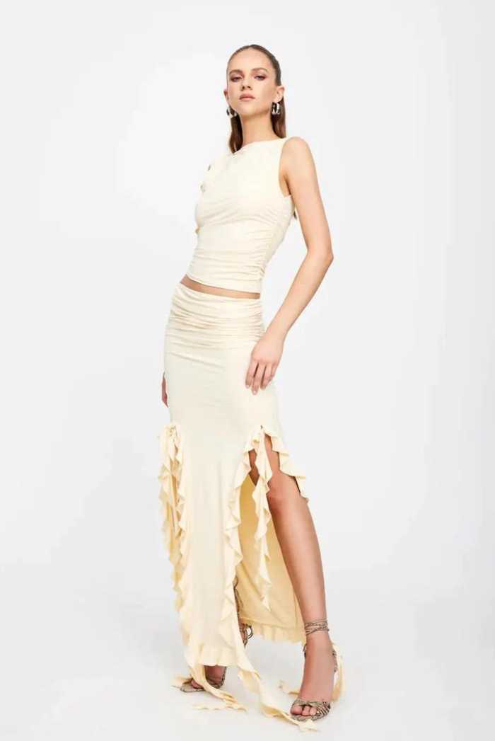 RENDEZVOUS  MAXI SKIRT WITH HIGH SPLITS ON SIDES  - CANARY by LIONESS- Saint Australia Fashion 