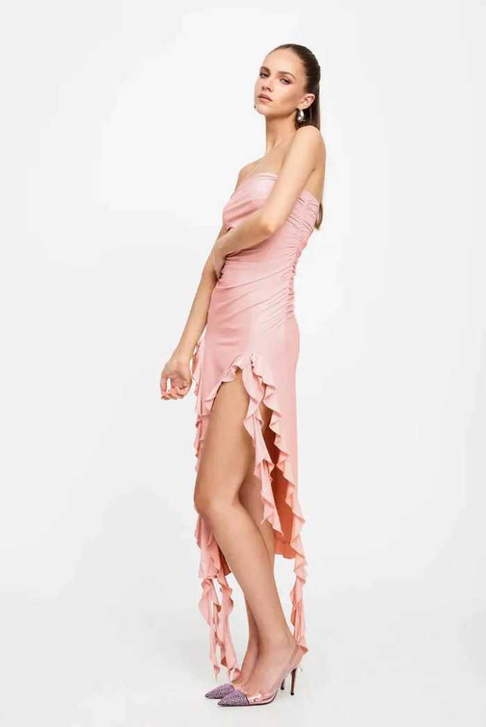 RENDEZVOUS STRAPLESS DRESS  with high splits in BLUSH  by LIONESS Saint Australia
