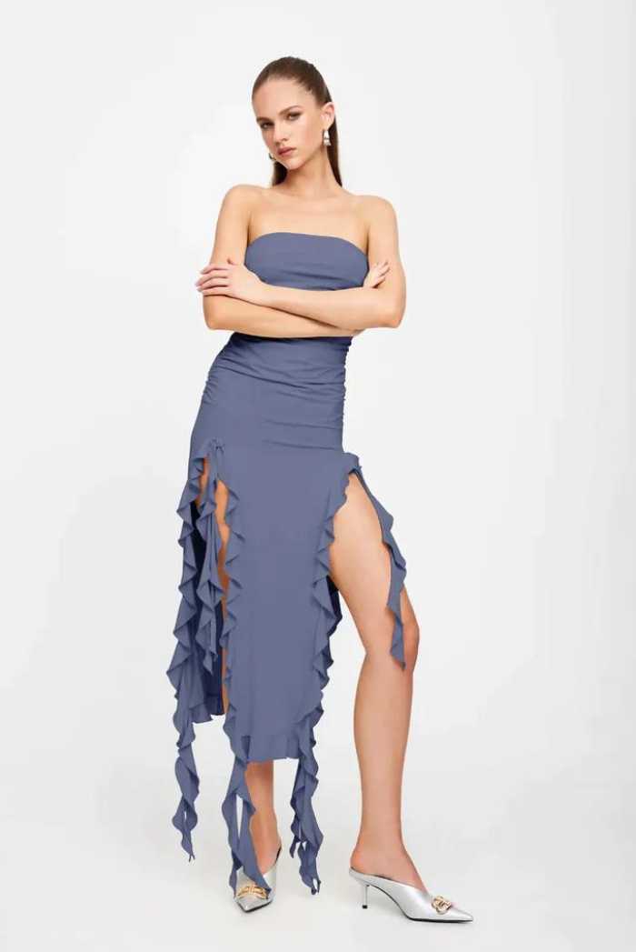 RENDEZVOUS STRAPLESS  MAXI DRESS WITH HIGH SPLITS ON SIDES - SLATE by  LIONESS - Saint Australia Fashion