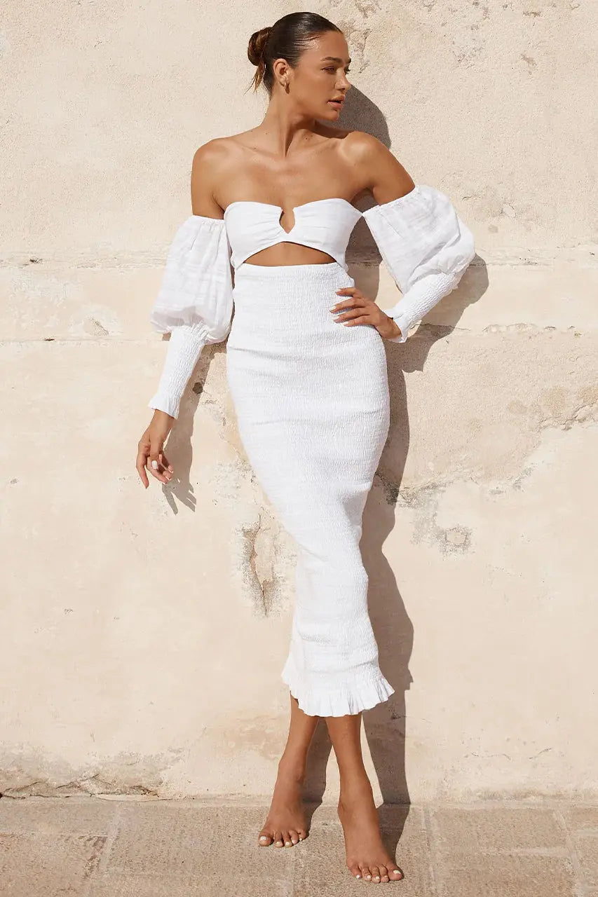 ROMA WHITE SHIRRED OFF THE SHOULDER MIDI DRESS - Saint Australia Fashion 