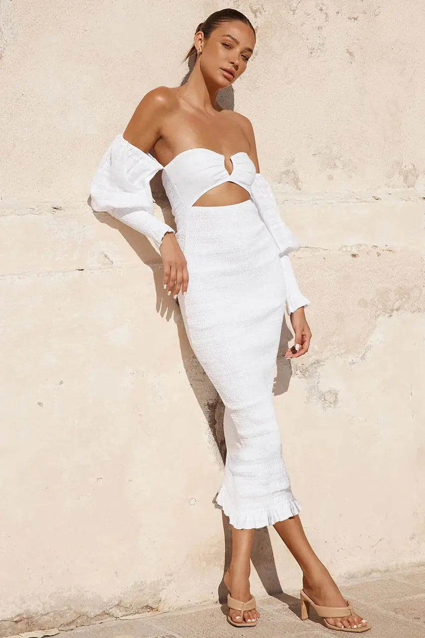 ROMA WHITE SHIRRED OFF THE SHOULDER MIDI DRESS - Saint Australia Fashion 