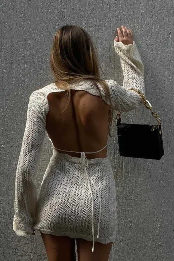 SUNSET BACKLESS MINI  knit DRESS | PARCHMENT LIONESS - Saint Australia Fashion 